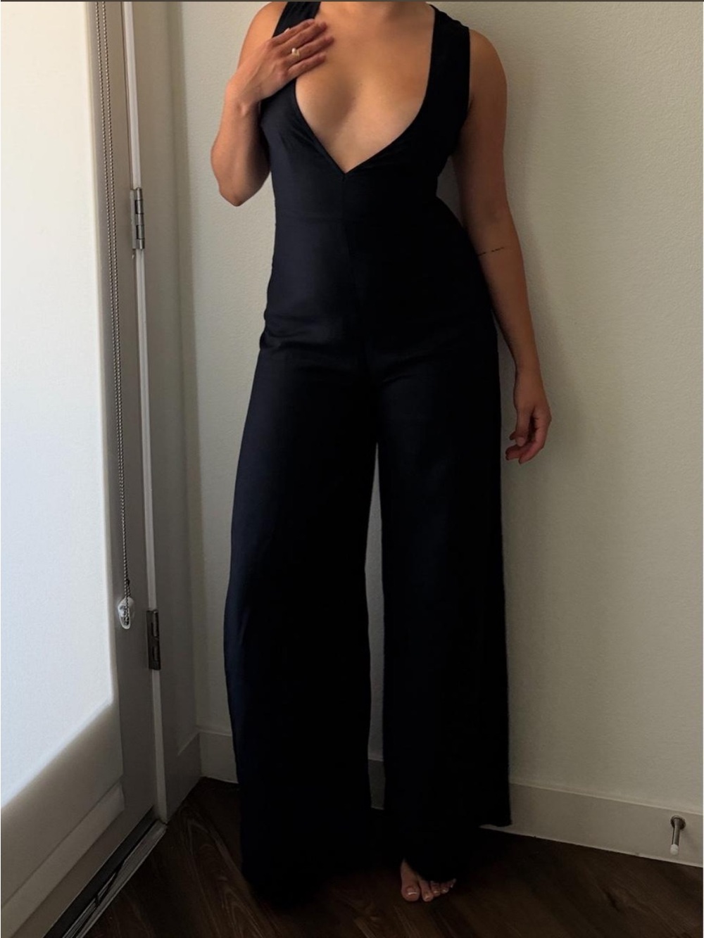 Lioness navy blue Deep V Wide-Leg Jumpsuit